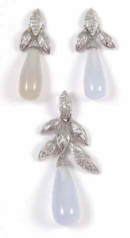 Appraisal: THREE ARTICLES OF CHALCEDONY JEWELRY including a pair of earrings