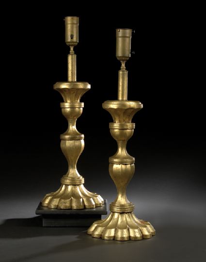 Appraisal: Tall and Dramatic Pair of Weighted Gilt-Plaster Table Lamps second