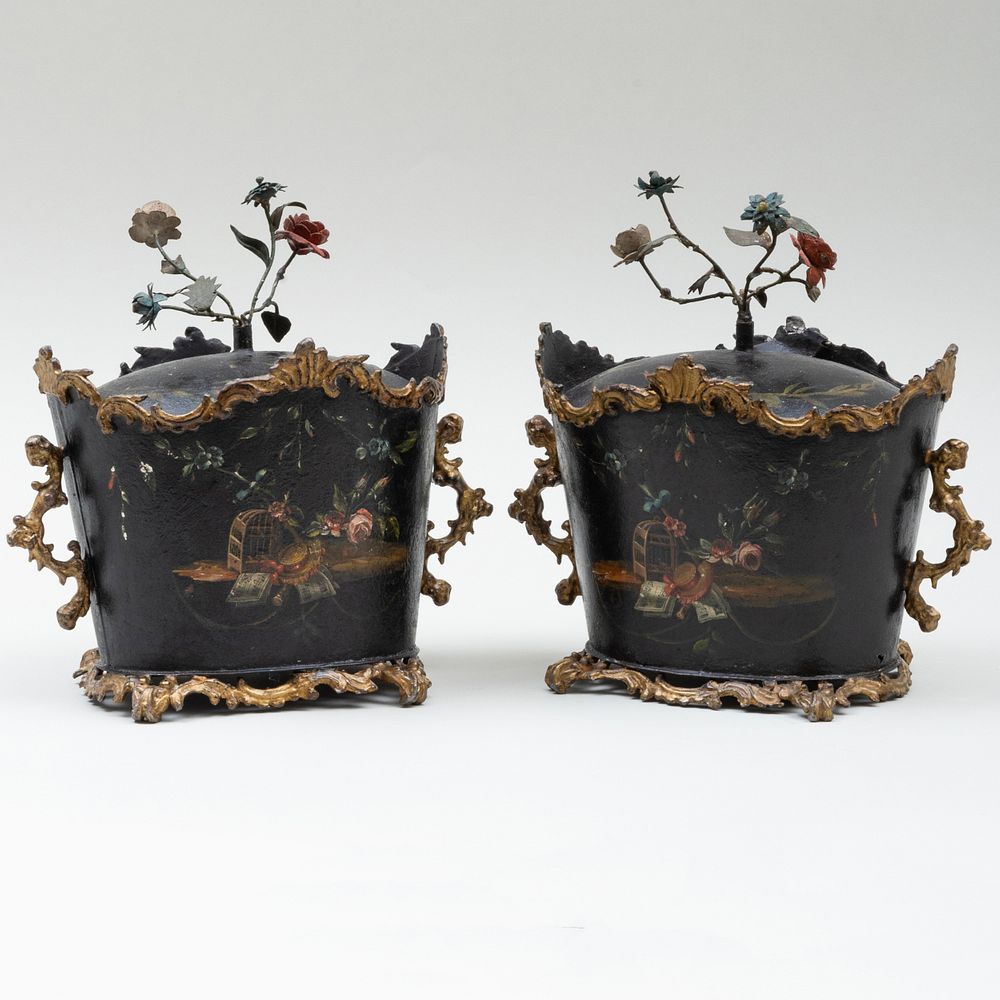 Appraisal: Pair of Continental T le Vessels and Covers Painted with