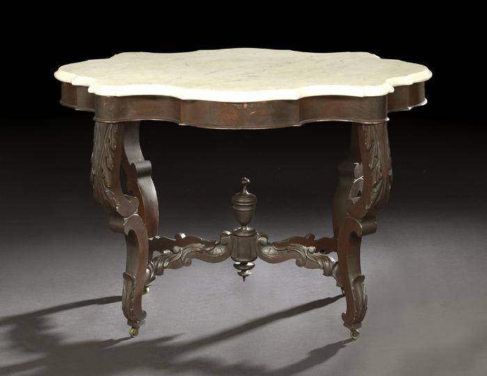 Appraisal: American Rococo Revival Mahogany Walnut and Marble-Top Center Table third