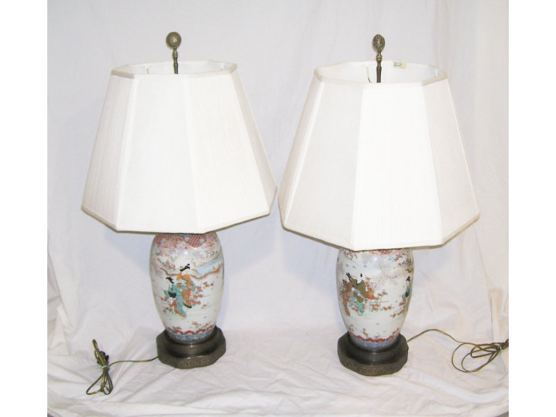 Appraisal: Pair Satsuma Style Lamps Raised enameling decoration on the porcelain