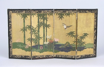 Appraisal: A Japanese Four Panel Table Screen Meticulously hand painted on