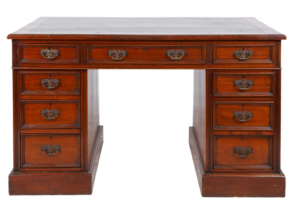 Appraisal: GEORGIAN-STYLE MAHOGANY PARTNER'S DESKwith brown leather-inset top inches wide inches