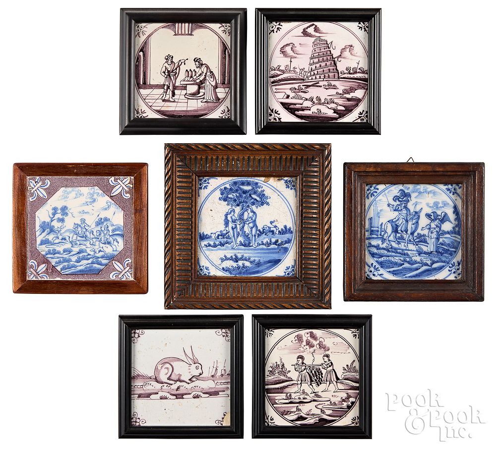 Appraisal: Seven assorted Delft tiles mid th c Seven assorted Delft