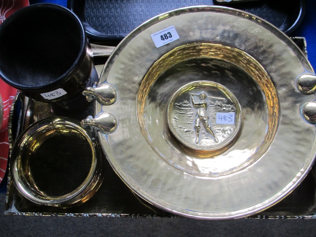 Appraisal: Brass tray dish ring etc and carved wooden goblet