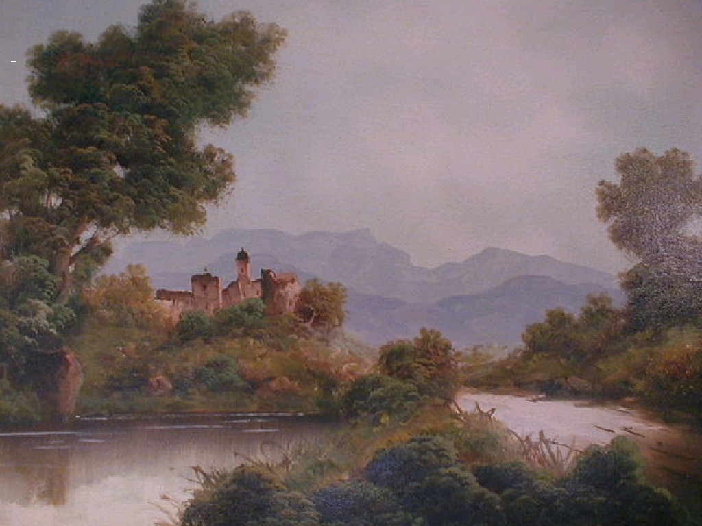 Appraisal: thC School Landscape with river in the foreground buildings and