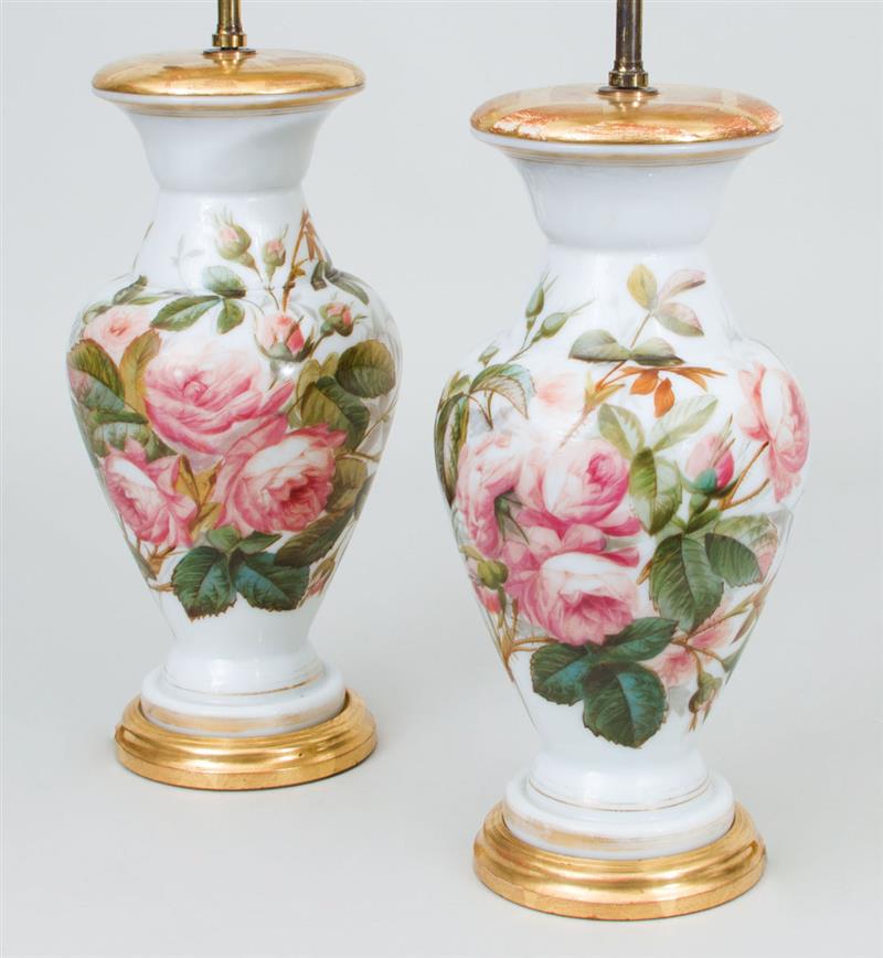 Appraisal: Pair of Painted Glass Vases Mounted as Lamps x in