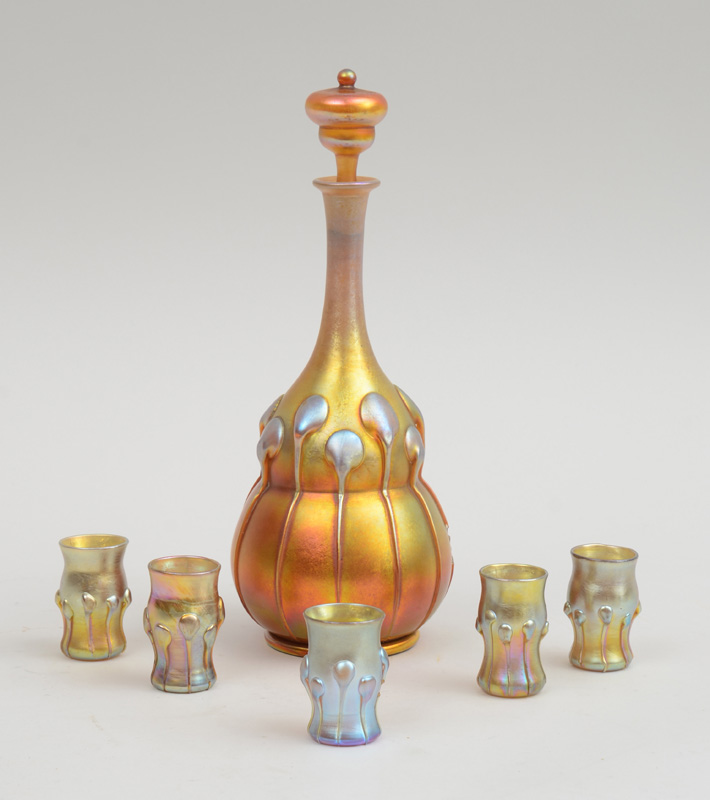 Appraisal: TIFFANY FAVRILE GLASS LIQUEUR DECANTER AND STOPPER AND FIVE MATCHING