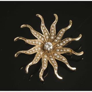 Appraisal: Diamond Pearl k Gold Brooch Sunburst form k gold brooch