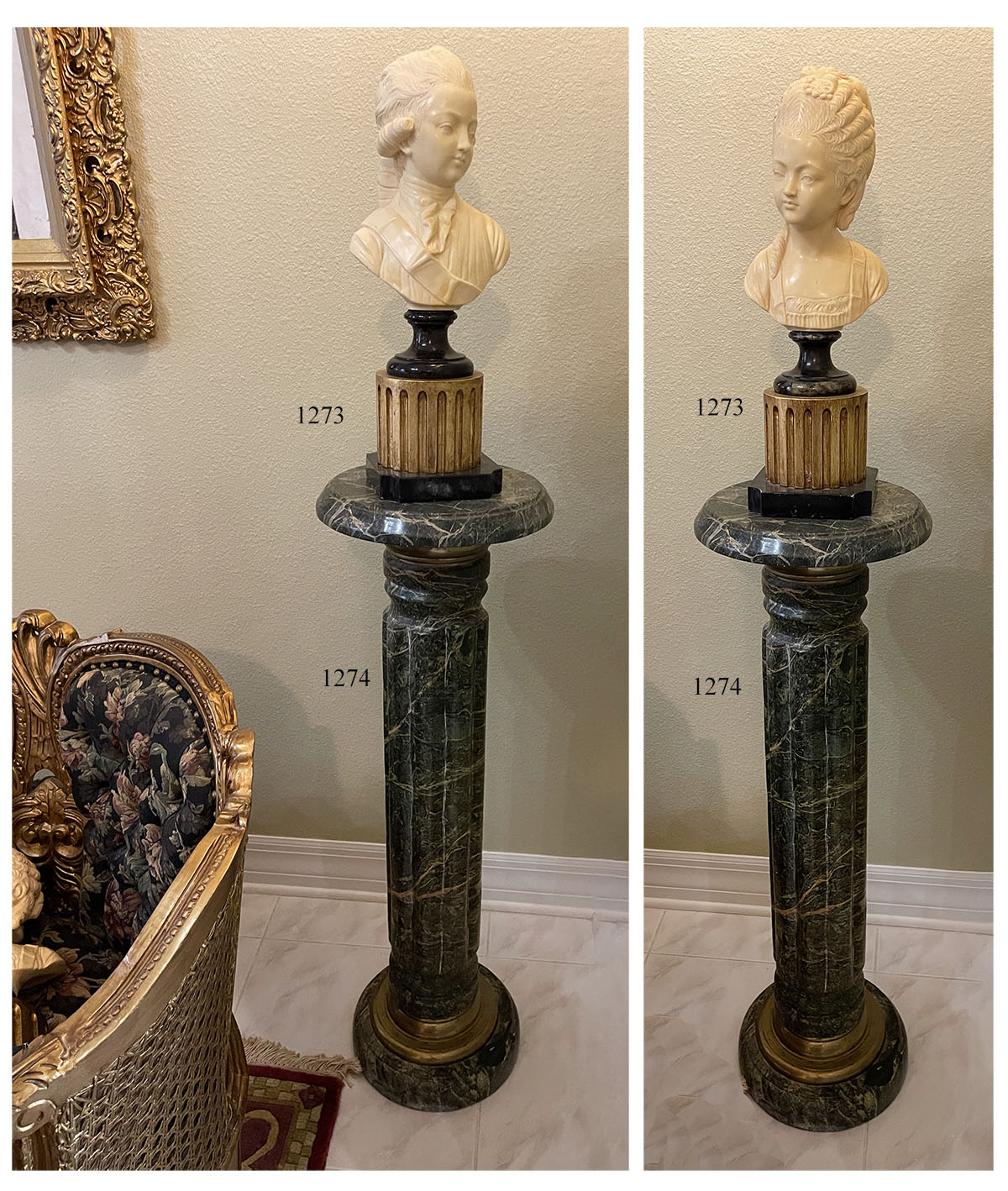 Appraisal: PAIR OF GREEN VARIEGATED MARBLE PEDESTALS Two marble pedestals having