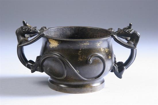 Appraisal: CHINESE GOLD-SPLASHED BRONZE CENSER th century Handles in form of