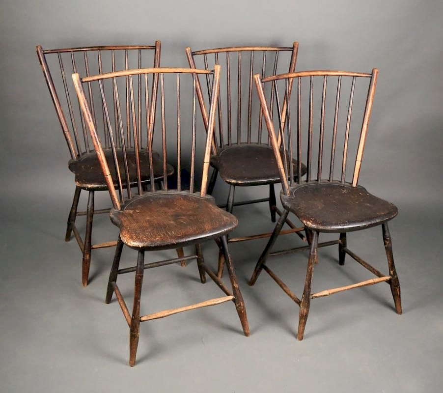 Appraisal: Four Black Painted Primitive Windsor Side Chairs late thc Shaped