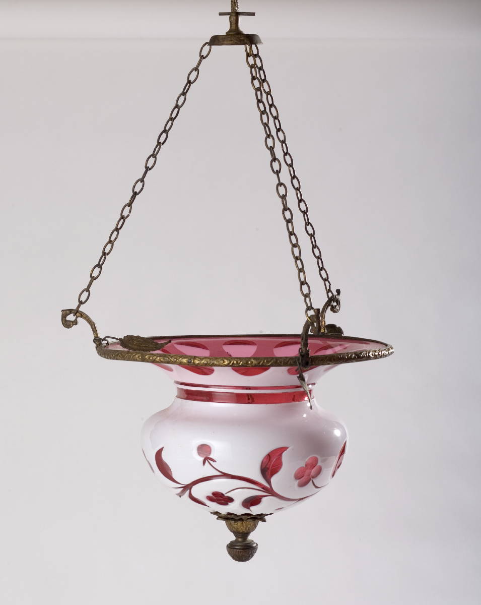 Appraisal: CRANBERRY OVERLAY GLASS HANGING HALL LIGHT Height inches diameter inches