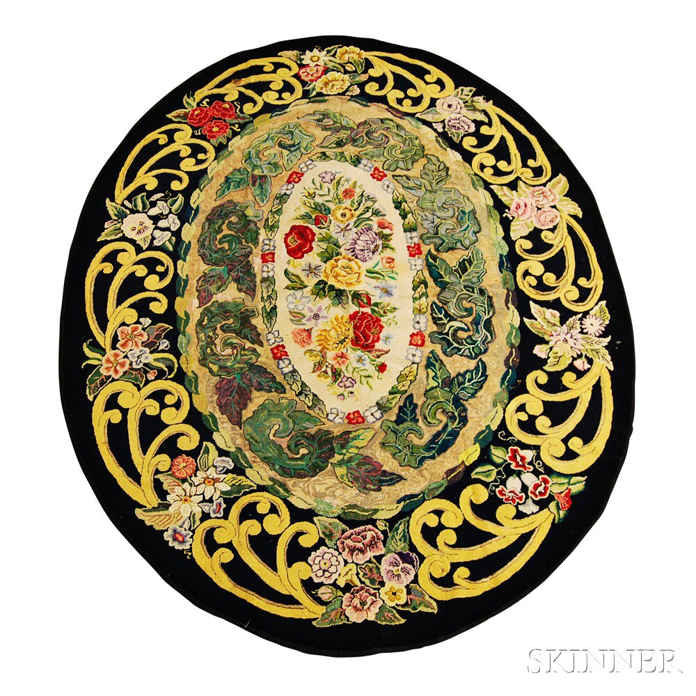 Appraisal: Floral Oval Hooked Rug th century with roses daffodils daisies