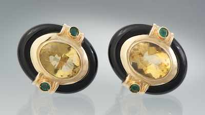 Appraisal: A Pair of Citrine Onyx and Emerald Earrings k yellow