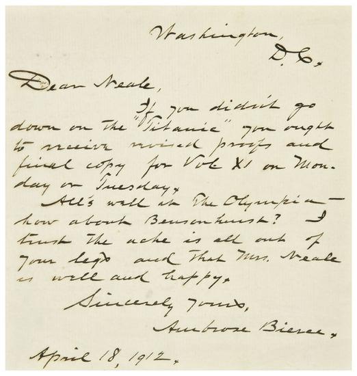 Appraisal: BIERCE Ambrose Autograph letter signed Washington D C April page