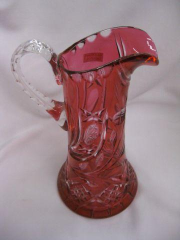 Appraisal: Brilliant Period Cranberry Cut-to-Clear Pitcher floral fancy cross-hatching excellent