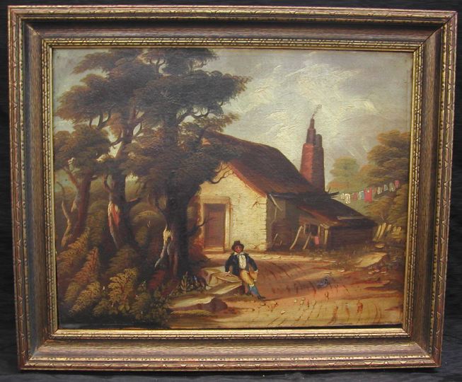 Appraisal: British School th Century Cabin Scene with Resting Traveller oil