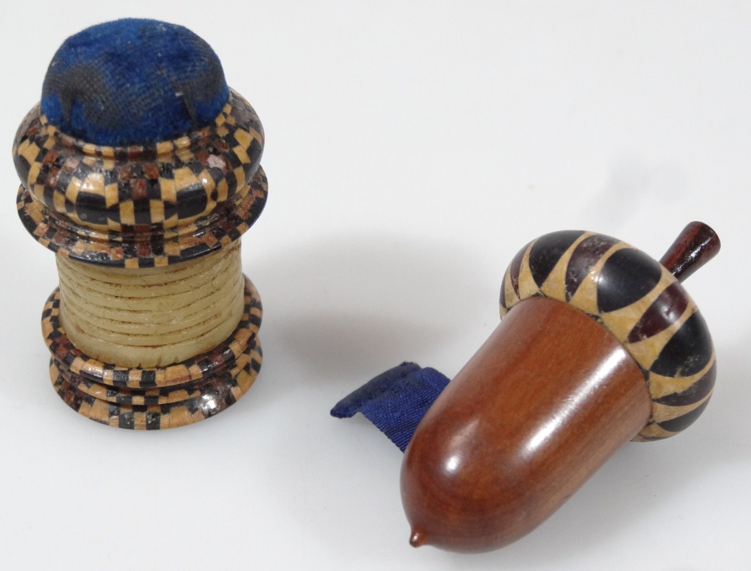 Appraisal: A late thC Tunbridge ware miniature pin cushion with velvet