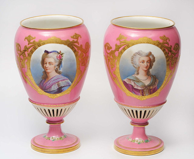 Appraisal: A PAIR OF FRENCH PINK PORCELAIN VASES of tapering form