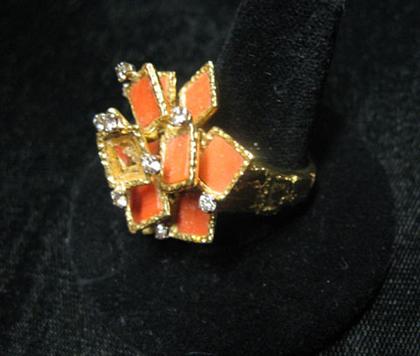 Appraisal: Coral diamond and karat yellow gold ring s Tiled coral