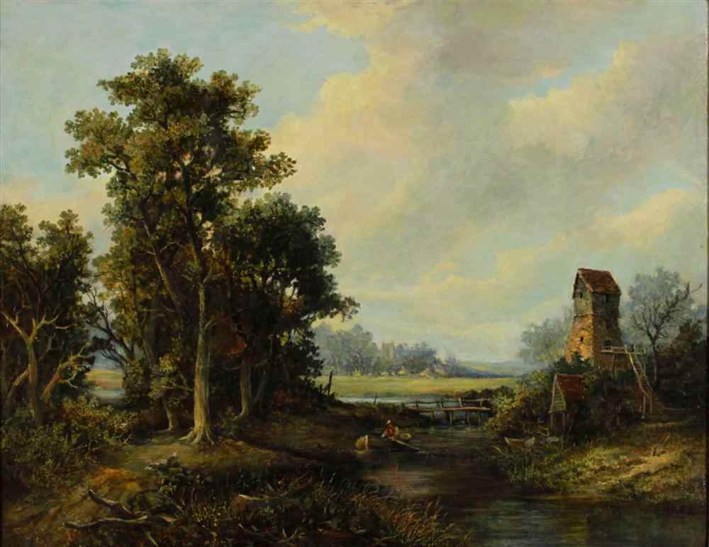 Appraisal: ENGLISH SCHOOL TH CENTURY ENGLISH LANDSCAPE WITH ROWBOAT Oil on