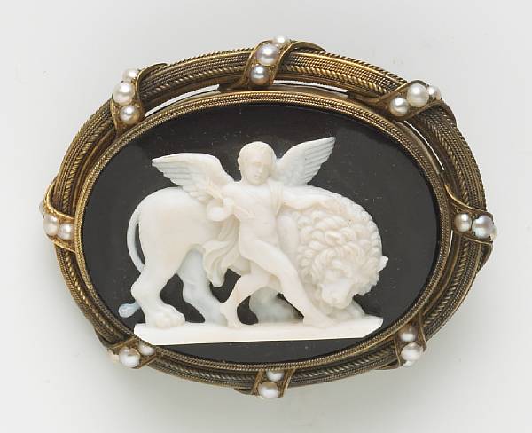 Appraisal: A Victorian stone cameo brooch-pendant within a pearl and k