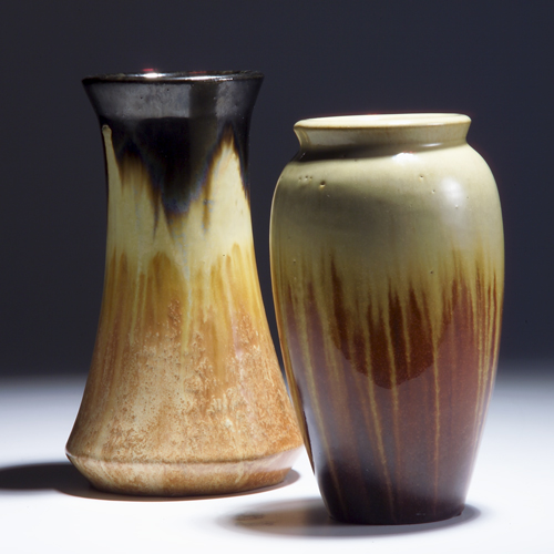 Appraisal: FULPER Two vases in ivory and mahogany flambe glaze one