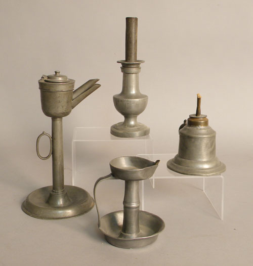 Appraisal: Four pieces of early pewter lighting early to mid th