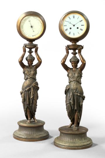 Appraisal: Rare Pair of French Bronze-Patinated Spelter Figural Instruments respectively a