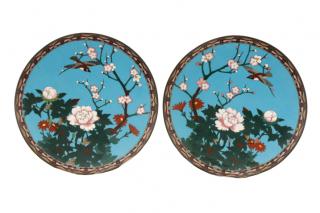 Appraisal: Pair of Cloisonne Enamel Plates Bird Amid Flowers Likely Japanese