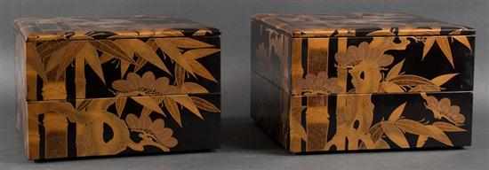 Appraisal: Pair of Japanese gilt-decorated black lacquered two-tier jubako boxes th