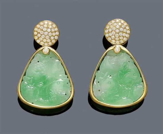 Appraisal: JADEITE AND DIAMOND EAR PENDANTS M KEIST-M LLER Yellow gold