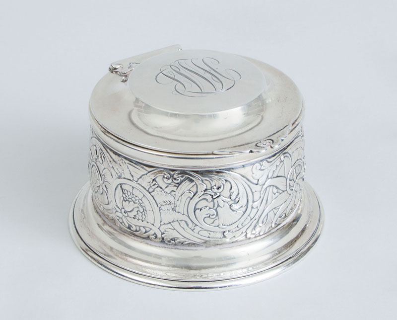 Appraisal: TIFFANY CO GLASS-LINED MONOGRAMMED SILVER INKWELL Marked 'Tiffany Co M