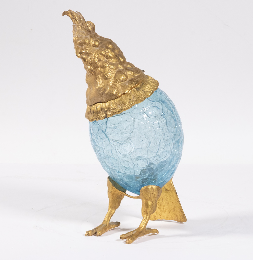 Appraisal: BRONZE MOUNTED GLASS COCKATIEL JAR Standing Bird Form Blue Crackle