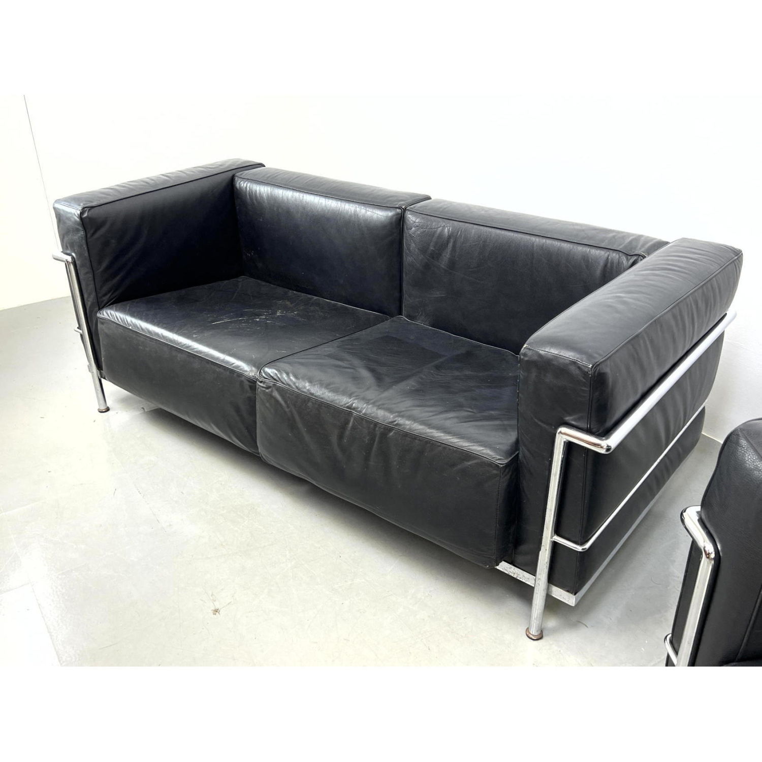 Appraisal: Le Corbusier LC style Sofa Black Leather Chrome Frame Dimensions