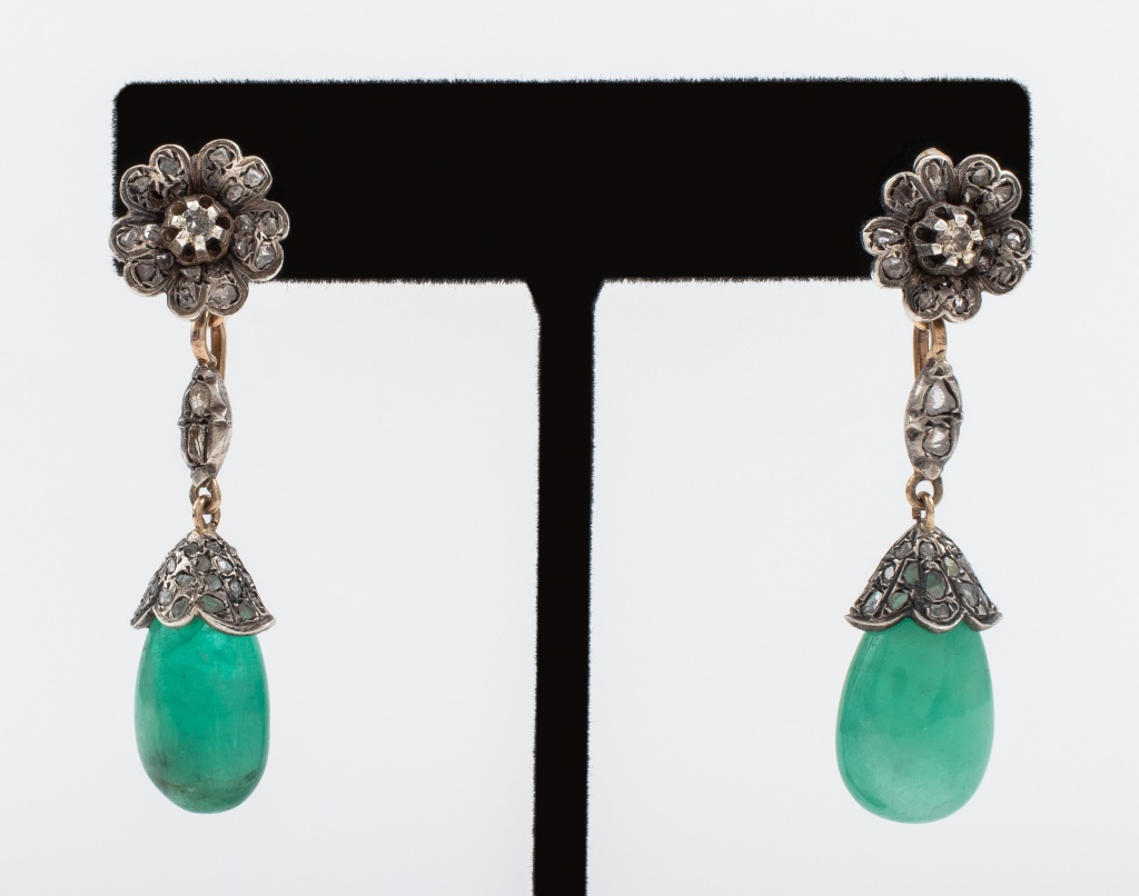 Appraisal: ANTIQUE GEORGIAN EMERALD DIAMOND EARRINGS Antique Georgian emerald and diamond