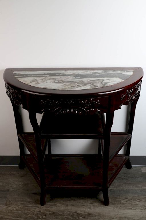 Appraisal: A SUANZHI MARBLE-INLAID DEMI-LUNE TABLE A Suanzhi rosewood marble-inlaid demi-lune