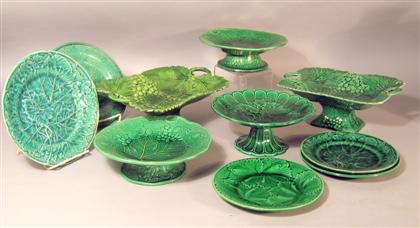 Appraisal: Assorted green majolica tablewares Comprising a tazza and two dessert