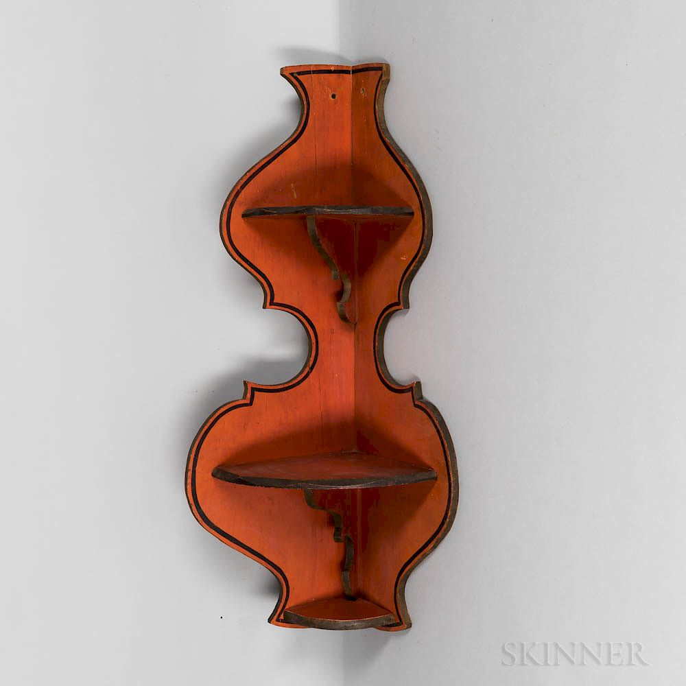 Appraisal: Red-painted Pine Shaped Corner Shelf Red-painted Pine Shaped Corner Shelf