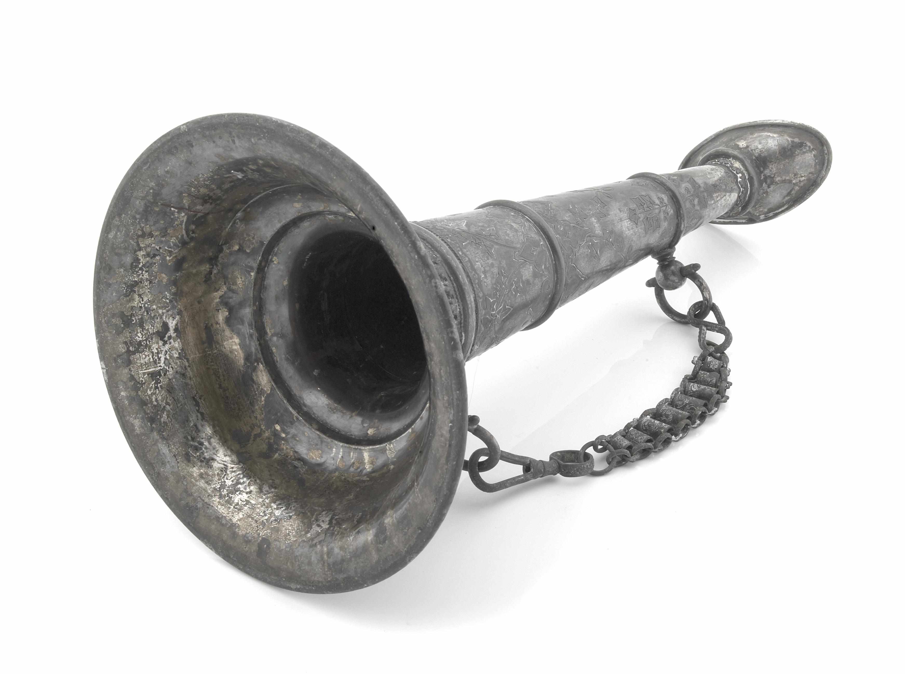 Appraisal: A Victorian silverplate fireman's loud hailer th century decorated with