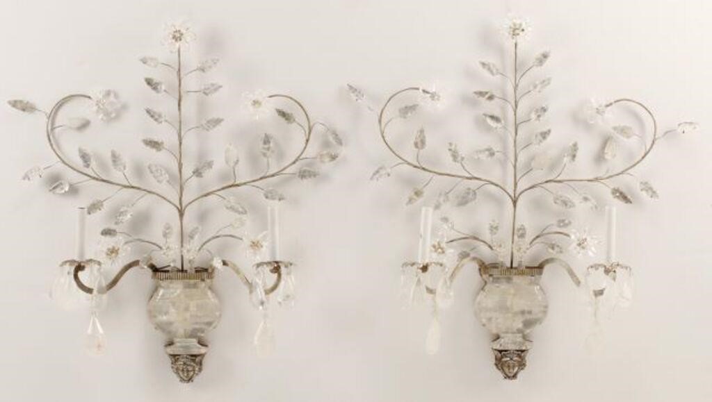 Appraisal: pair Silvered metal and rock crystal two-light sconces in the