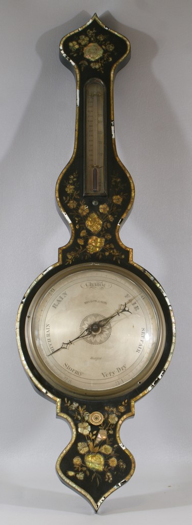 Appraisal: Victorian banjo barometer black lacquer with MOP inlay by Hilton