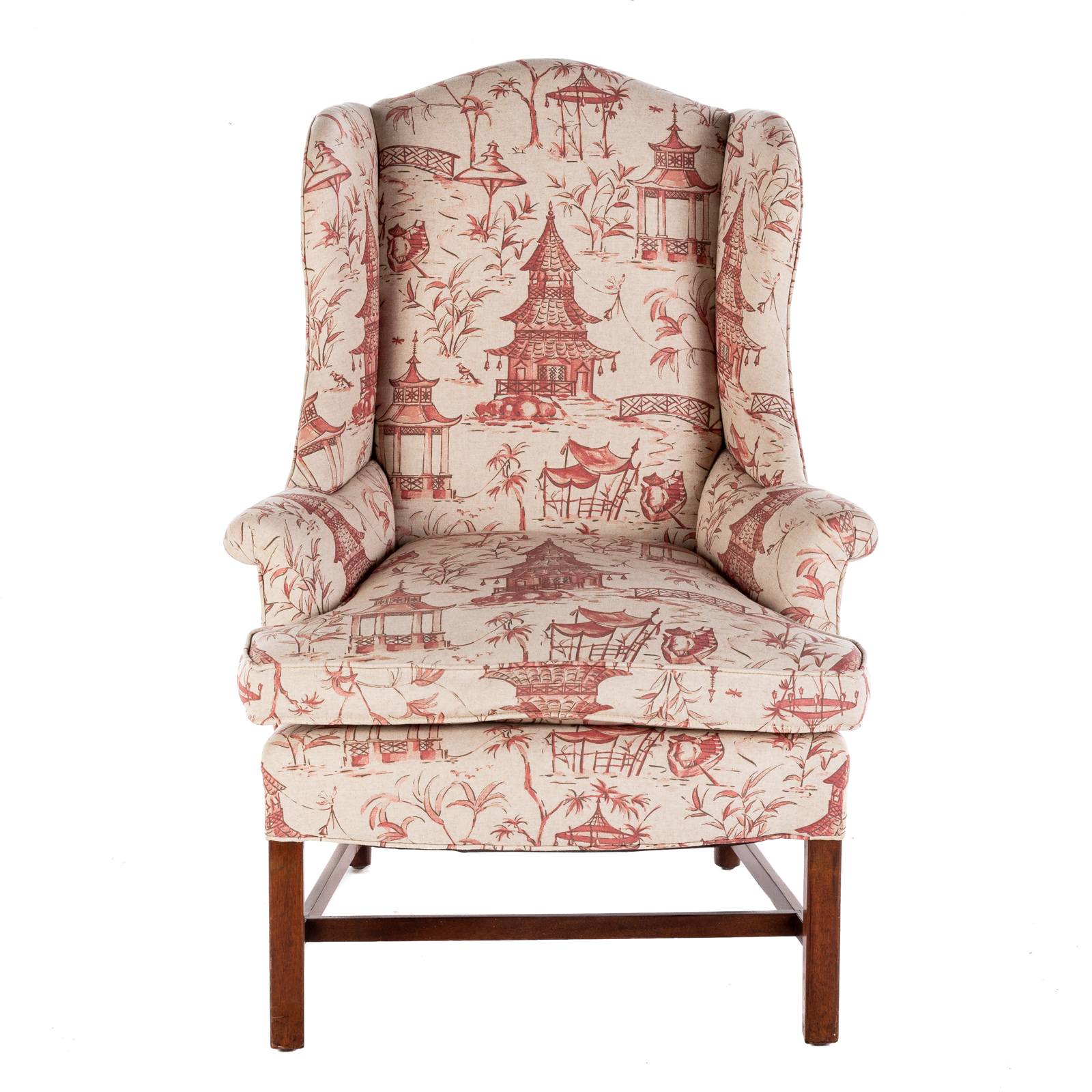 Appraisal: CHIPPENDALE STYLE UPHOLSTERED WING CHAIR Mahogany frame with Chinoiserie upholstery