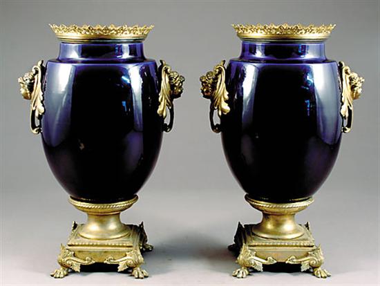 Appraisal: Pair French Sarreguemines monumental ormolu-mounted vases late th centuryovoid form