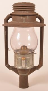 Appraisal: Antique Tin Post Lantern with Glass Shade and Burner h