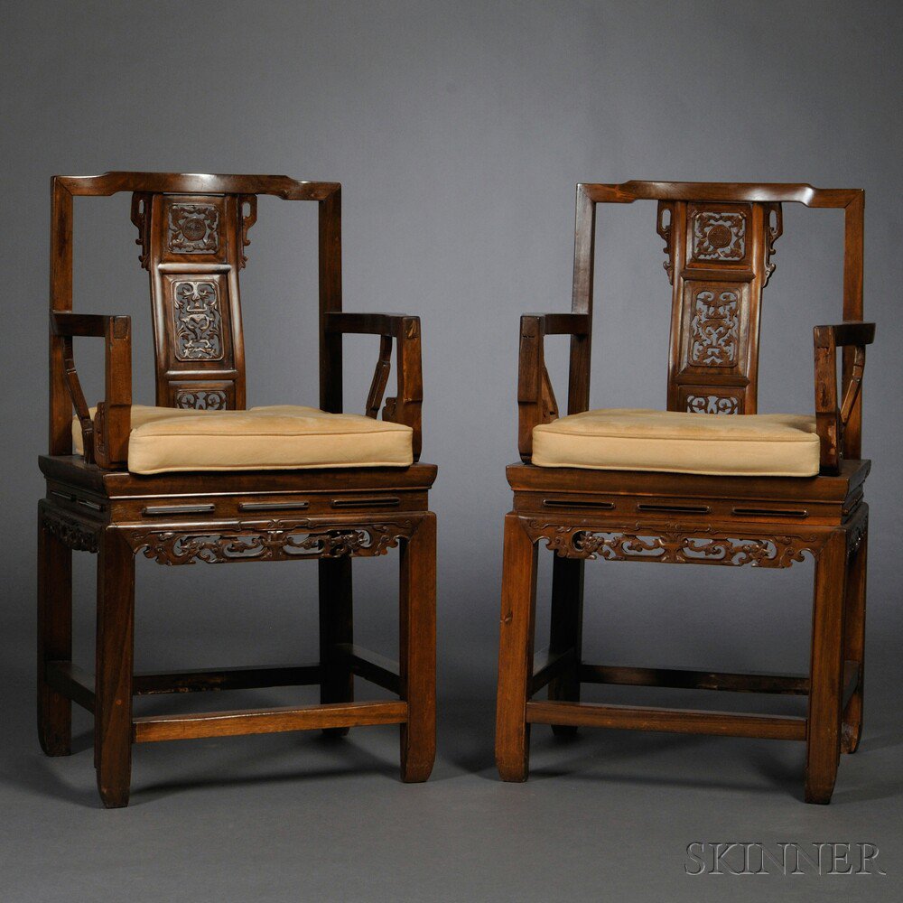 Appraisal: Pair of Wood Armchairs possibly Malaysia the back splat with