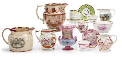 Appraisal: Group of pink lustre transferware and painted tablewares th century