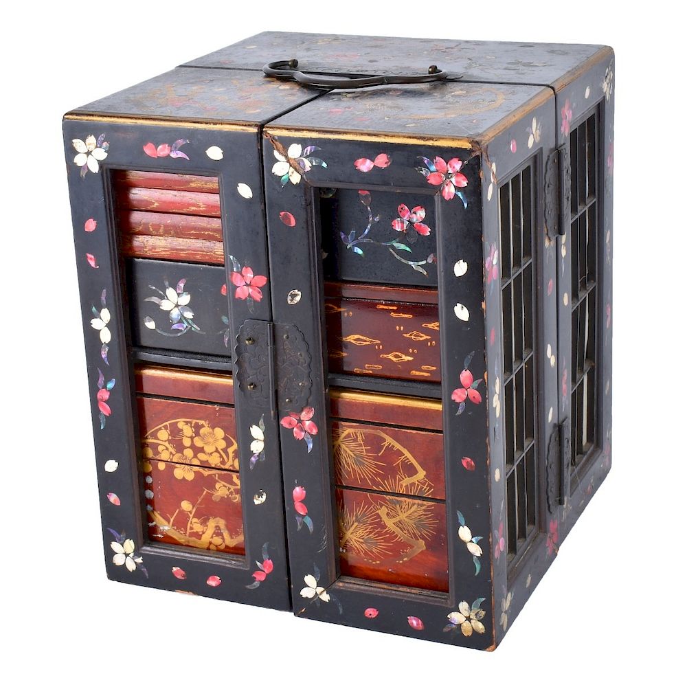 Appraisal: Chinese Hinged Box Chinese Lacquered Two Door Box Several interior