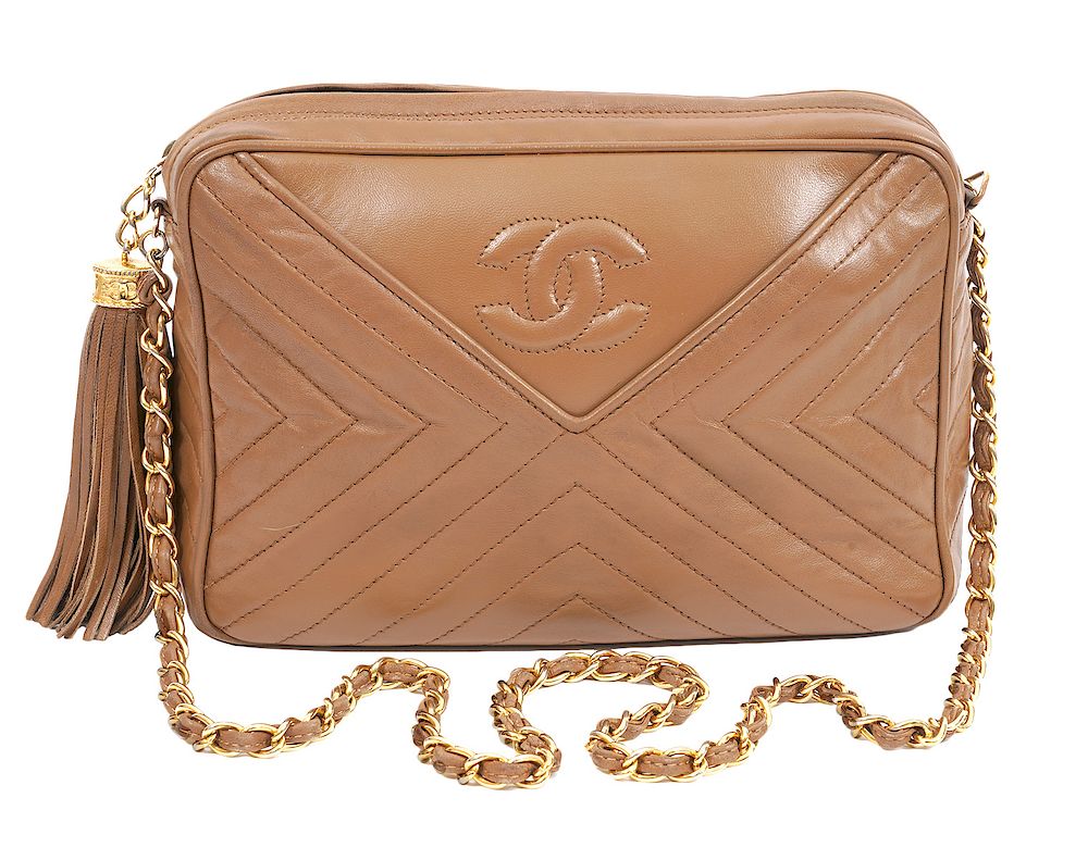 Appraisal: Chanel Vintage Camel Chevron Shoulder Bag Chanel Camel Chevron Shoulder